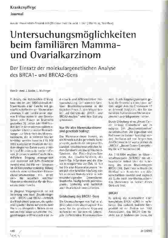 Vorschauseite 1: Untersuchungsmöglichkeiten beim familiären Mammaund Ovarialkarzinom Einsatz der molekulargenetischen Analyse des BRCA1- und BRCA2-Gens