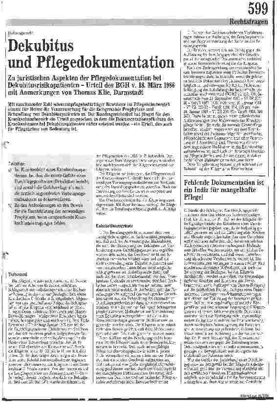 Vorschauseite 1: Dekubitus und Pflegedokumentation / Urteil des BGH v. 18. 03. 1986