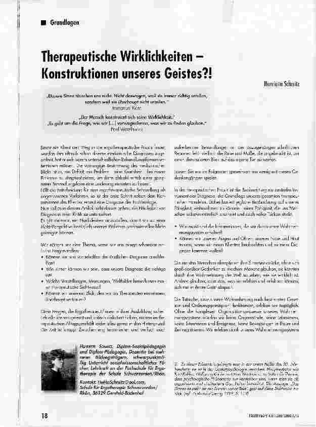 Vorschauseite 1: Therapeutische Wirklichkeiten -Konstruktionen unseres Geistes?!