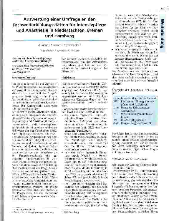 Vorschauseite 1: Auswertung einer Umfrage an den Fachweiterbildungsstätten für Intensivpflege und Anästhesie in Niedersachsen, Bremen und Hamburg