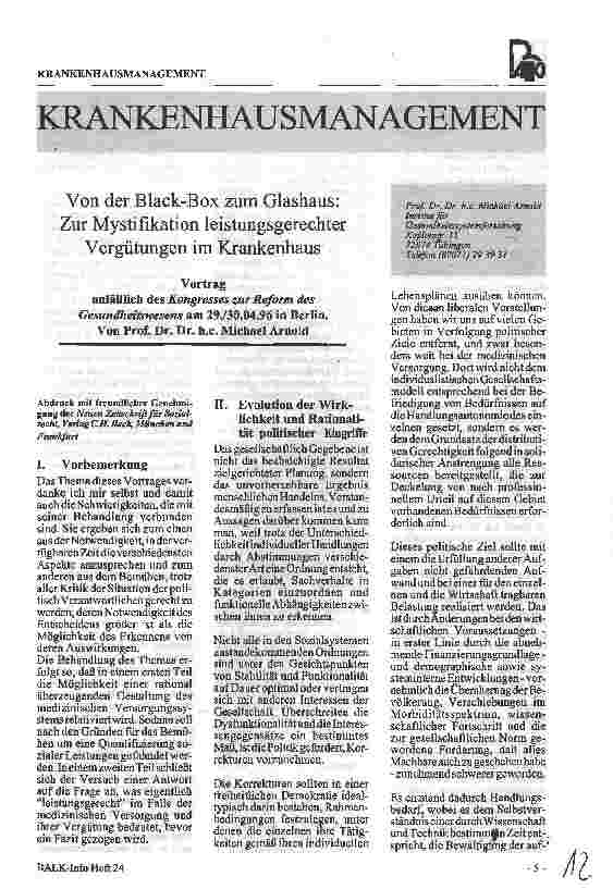 Vorschauseite 1: Krankenhausmanagement - Von der Black-Box zum Glashaus: Zur Mystifikation leistungsgerechter Vergütungen im Krankenhaus