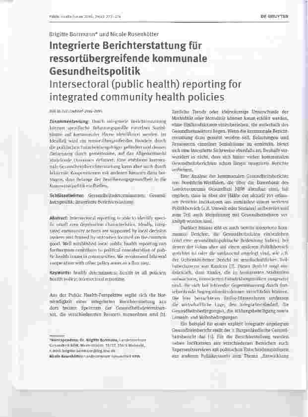 Vorschauseite 1: Integrierte Berichterstattung für ressortubergreifende kommunale Gesundheitspolitik