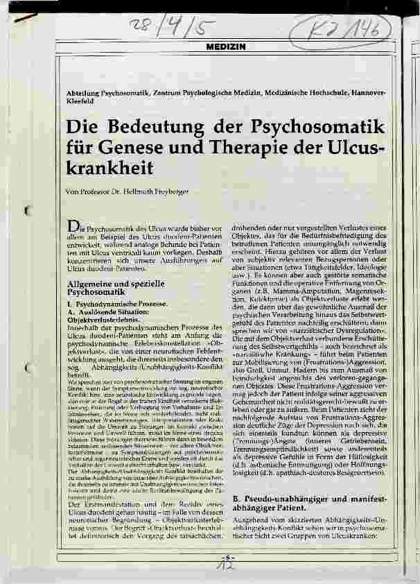 Vorschauseite 1: Die Bedeutung der Psychosomatik für Genese und Therapie der Ulcuskrankheit