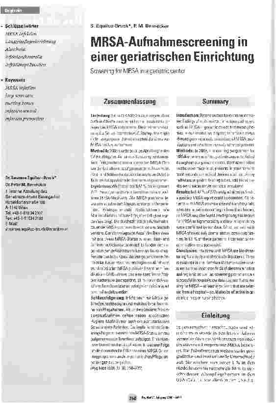 Vorschauseite 1: MRSA-Aufnahmescreening in einer geriatrischen EinrichtungScreening for MRSA in a geriatric center