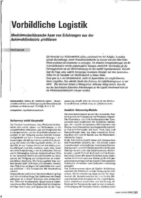 Vorschauseite 1: Vorbildliche Logistik - Medizintechnikbranche kann von Erfahrungen aus der Automobilindustrie profitieren