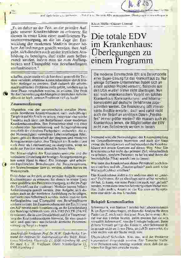 Vorschauseite 1: Die totale EDV im Krankenhaus Überlegungen zu einem Programm