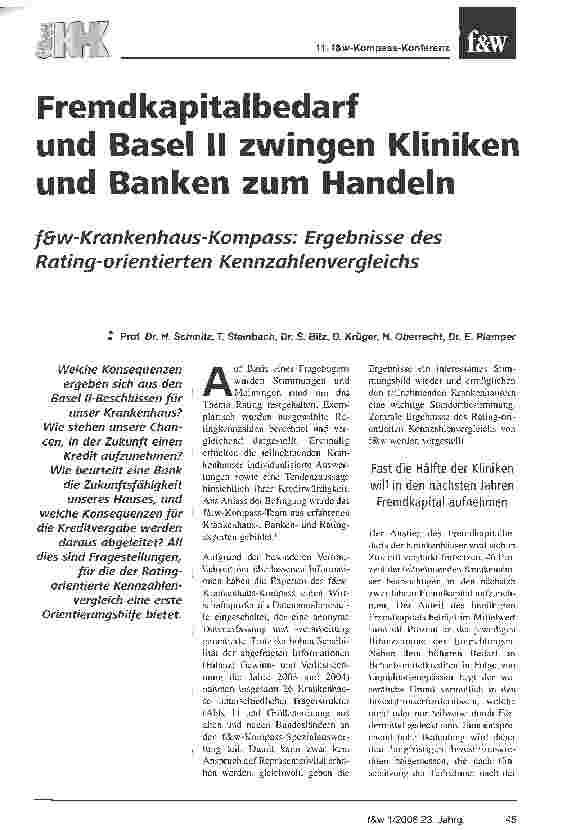 Vorschauseite 1: Fremdkapitalbedarf und Basel II zwingen Klinikenund Banken zum Handelnf&w-Kmnkenhaus-Kompass: Ergebnisse des Rating-orientierten Kennzahlenvergleichs