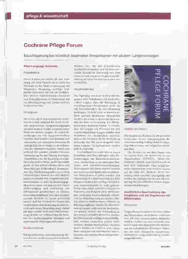 Vorschauseite 1: Cochrane Pflege Forum Bauchlagerung bei künstlich beatmeten Erwachsenen mit akutem Lungenversagen