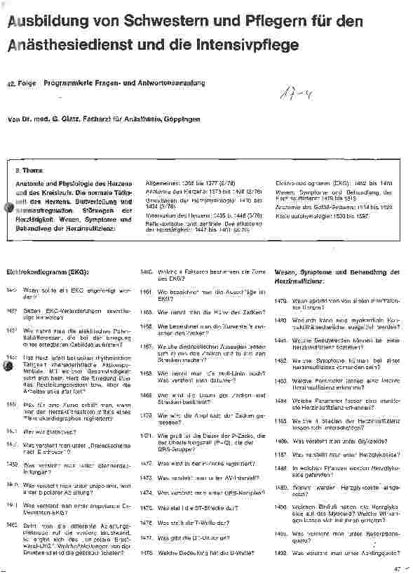 Vorschauseite 1: Ausbildung von Schwestern und Pflegern für den Anästhesiedienst u. die Intensivpflege // 42. Folge: Programmierte Fragenu. Antwortsammlungen