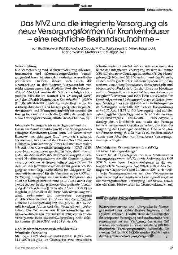 Vorschauseite 1: Das MVZ und die integrierte Versorgung alsneue Versorgungsformen für Krankenhäusereine rechtliche Bestandsaufnahme -