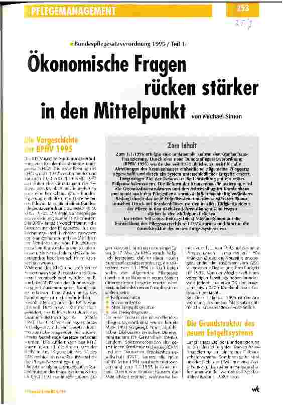 Vorschauseite 1: Ökonomische Fragen rücken stärker in den Mittelpunkt Bundespflegesatzverordnung 1995/Teil 1