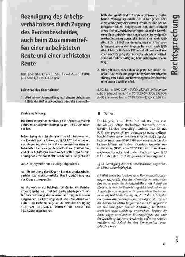 Vorschauseite 1: Beendigung des Arbeitsverhältnisses durch Zugang des Rentenbescheides, auch beim Zusammentreffen einer unbefristeten Rente und einer befristeten Rente