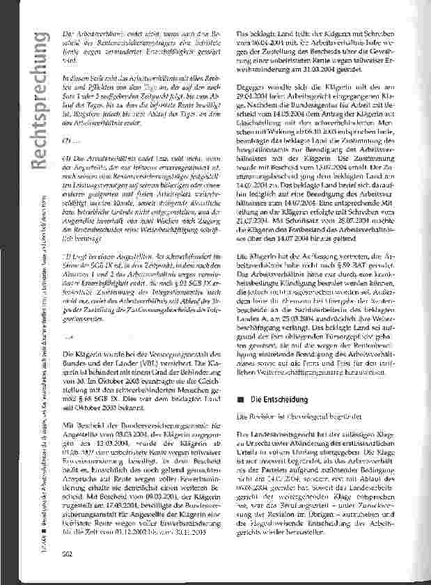 Vorschauseite 2: Beendigung des Arbeitsverhältnisses durch Zugang des Rentenbescheides, auch beim Zusammentreffen einer unbefristeten Rente und einer befristeten Rente