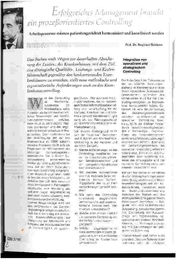 Vorschauseite 1: Erfolgreiches Management braucht ein prozeßorientiertes Controlling Arbeitsprozesse müssen patientengerichtet harmonisiert und koordiniert werden