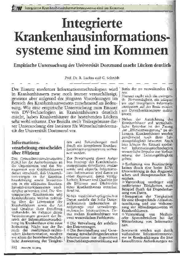 Vorschauseite 1: Integrierte Krankenhausinformationssysteme sind im Kommen Empirische Untersuchung der Universität Dortmund macht Lücken deutlich