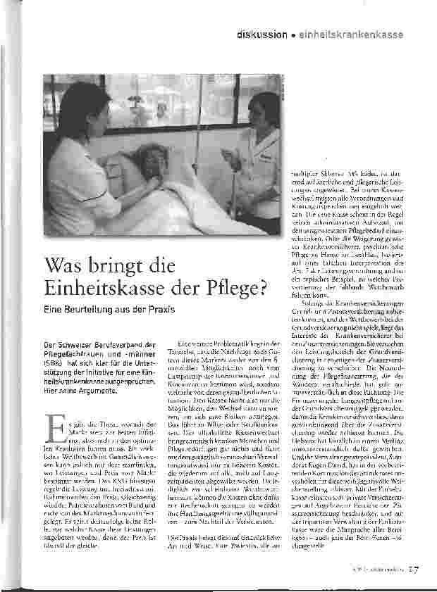 Vorschauseite 1: Was bringt die Einheitskasse der Pflege?