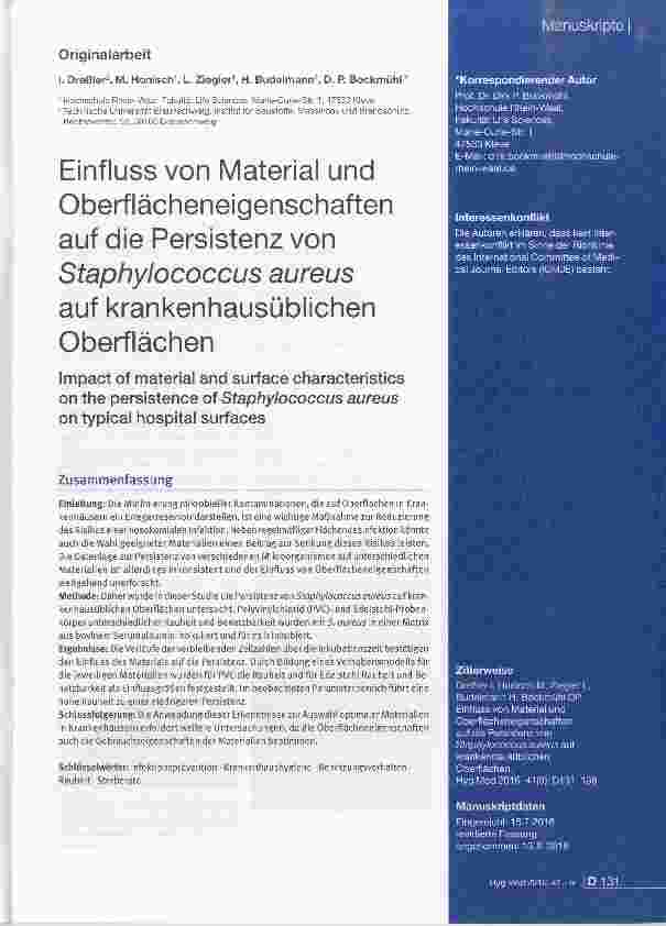 Vorschauseite 1: Einfluss von Material und Oberflächeneigenschaften auf die Persistenz von Staphylococcus aureus auf krankenhausüblichen Oberflächen