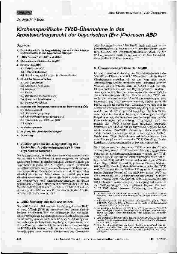 Vorschauseite 1: Kirchenspezifische TVöD-Übernahme in das Arbeitsvertragsrecht der bayerischen (Erz-)Diözesen ABD