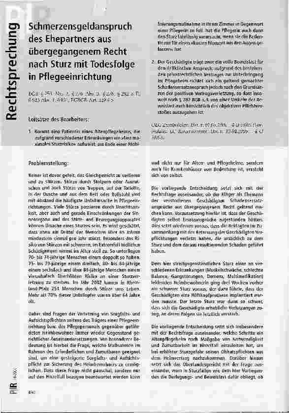 Vorschauseite 1: Schmerzensgeldanspruch des Ehepartners aus übergegangenem Recht nach Sturz mit Todesfolge in Pflegeeinrichtung