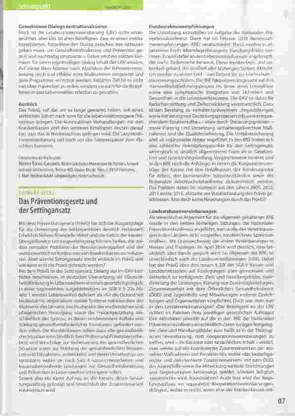 Vorschauseite 1: Das Präventionsgesetz und der Settingansatz