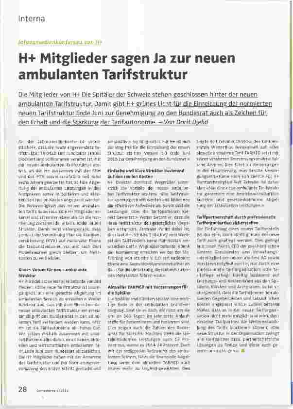 Vorschauseite 1: H+ Mitglieder sagen Ja zur neuen ambulanten Tarifstruktur