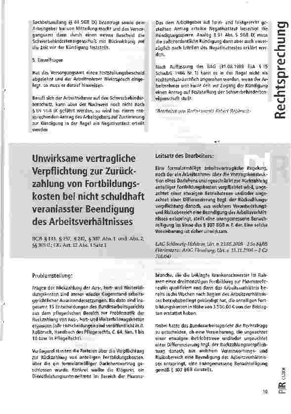 Vorschauseite 1: Unwirksame vertragliche Verpflichtung zur Zurückzahlung von Fortbildungskosten bei nicht schuldhaft veranlasster Beendigung des Arbeitsverhältnisses
