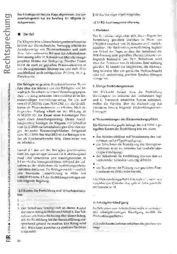 Vorschauseite 2: Unwirksame vertragliche Verpflichtung zur Zurückzahlung von Fortbildungskosten bei nicht schuldhaft veranlasster Beendigung des Arbeitsverhältnisses
