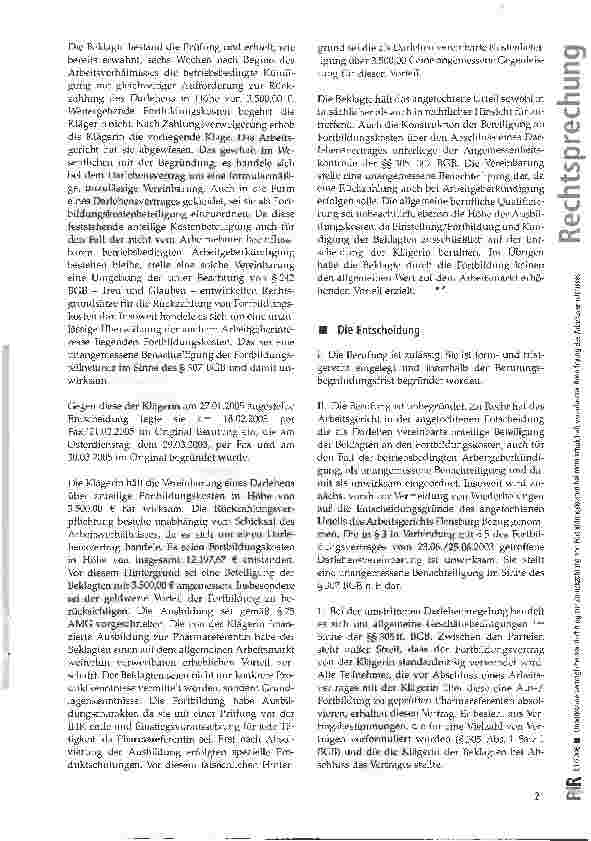 Vorschauseite 3: Unwirksame vertragliche Verpflichtung zur Zurückzahlung von Fortbildungskosten bei nicht schuldhaft veranlasster Beendigung des Arbeitsverhältnisses