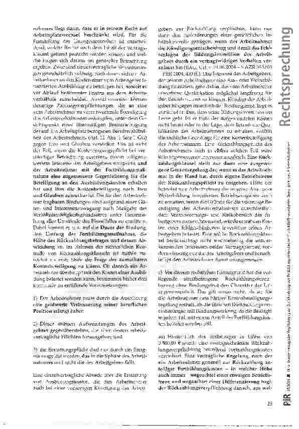 Vorschauseite 5: Unwirksame vertragliche Verpflichtung zur Zurückzahlung von Fortbildungskosten bei nicht schuldhaft veranlasster Beendigung des Arbeitsverhältnisses