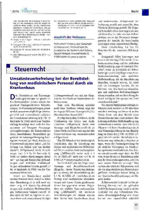 Vorschauseite 1: Umsatzsteuerbefreiung bei der Bereitstellung von medizinischem Personal durch ein Krankenhaus