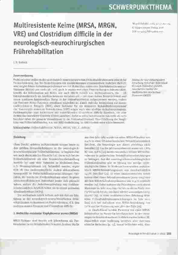 Vorschauseite 1: Multiresistente Keime (MRSA, MRGN, VRE) und Clostridium difficile in der neurologisch-neurochirurgischen Frührehabilitation
