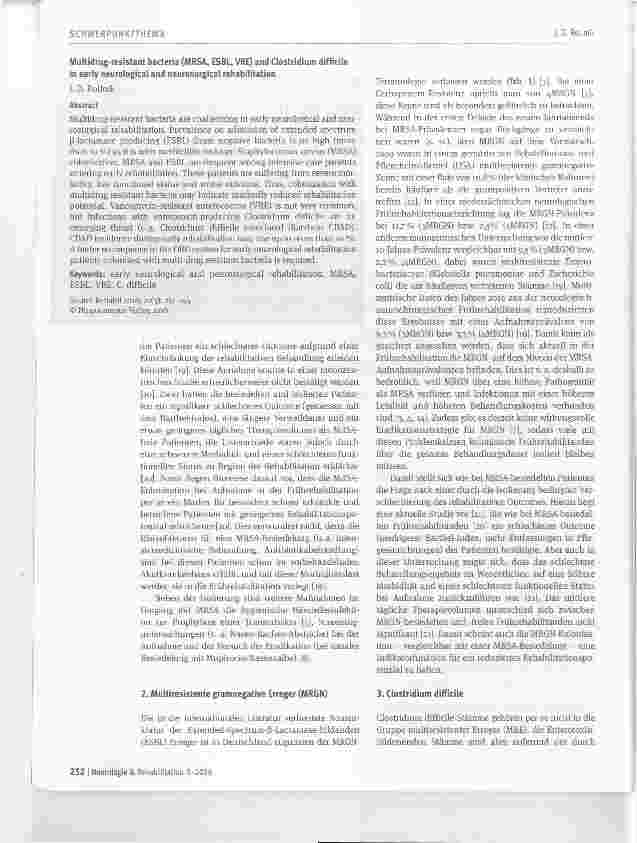 Vorschauseite 2: Multiresistente Keime (MRSA, MRGN, VRE) und Clostridium difficile in der neurologisch-neurochirurgischen Frührehabilitation