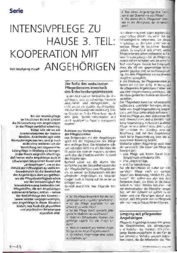 Vorschauseite 1: Intensivpflege zu Hause 3. Teil: Kooperation mit Angehörigen