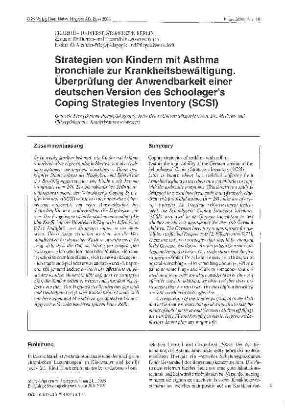 Vorschauseite 1: Strategien von Kindern mit Asthma bronchiale zur Krankheitsbewältigung. Überprüfung der Anwendbarkeit einer deutschen Version des Schoolagers Coping Strategies Inventory (SCSI)