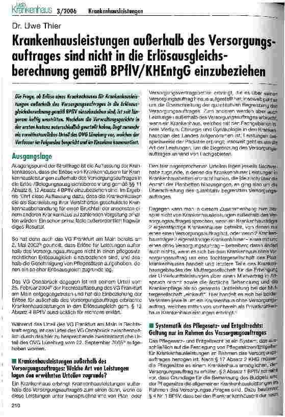 Vorschauseite 1: Krankenhausleistungen außerhalb des Versorgungs auftrages sind nicht in die Erlösausgleichsberechnung gemäß BPflY/KHEntgG einzubeziehen