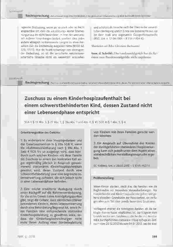 Vorschauseite 1: Zuschuss zu einem Kinderhospizaufenthalt bei einem schwerstbehinderten Kind, dessen Zustand nicht einer Lebensendphase entspricht