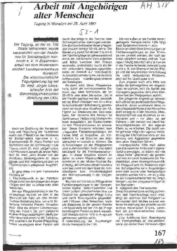Vorschauseite 1: Arbeit mit Angehörigen alter Menschen Tagung in Wunsdorf am 25.04.87