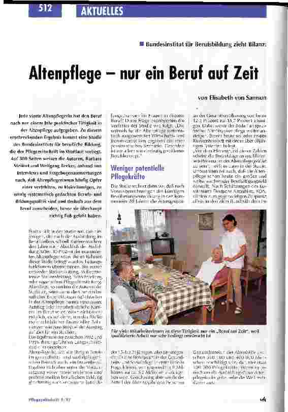 Vorschauseite 1: Bundesinstitut für Berufsbildung zieht Bilanz: Altenpflege - nur ein Beruf auf Zeit