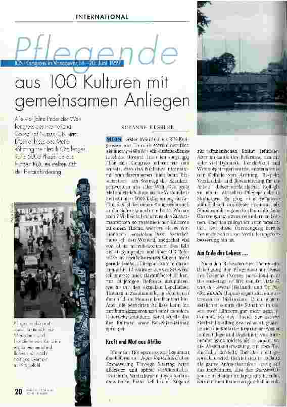 Vorschauseite 1: Pflegende aus 100 Kulturen mit gemeinsamen Anliegen ICN-Kongress in Vancouver, 16 - 20. Juni 1997