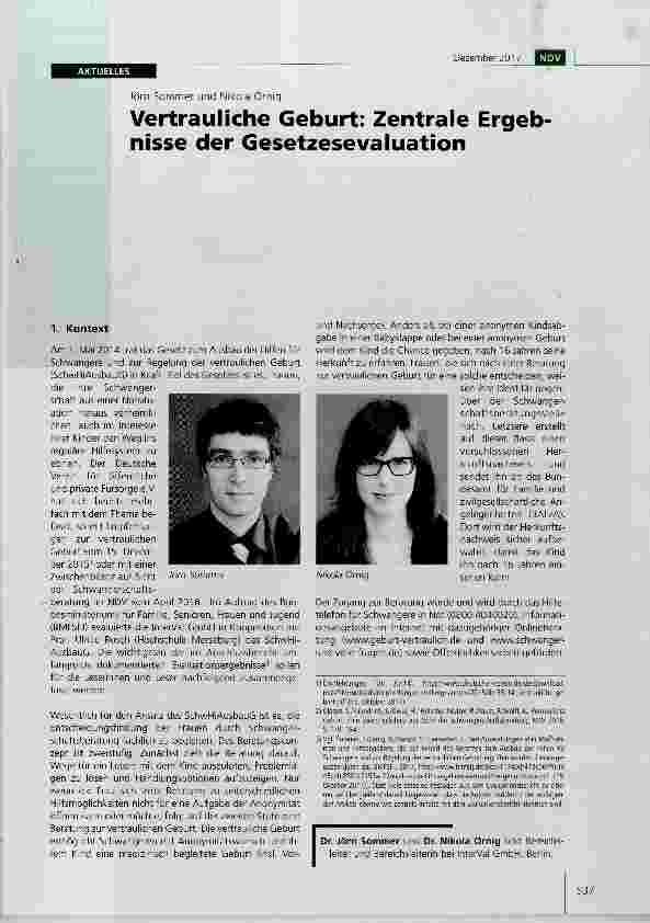 Vorschauseite 1: Vertrauliche Geburt: Zentrale Ergebnisse der Gesetzesevaluation