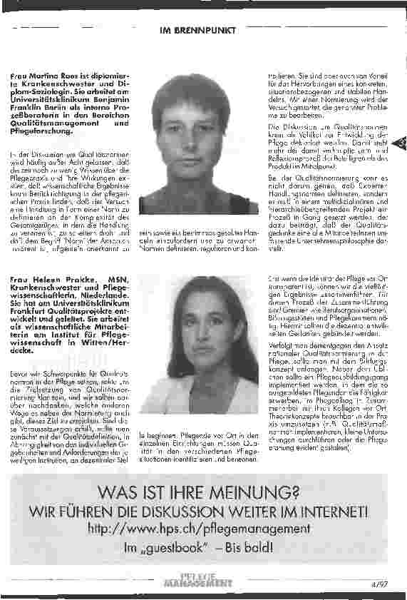 Vorschauseite 2: Wo sehen Sie für die Zukunft den Schwerpunkt einer Qualitätsnormierung in der Pflege? Pflegemanagement fragt Experten