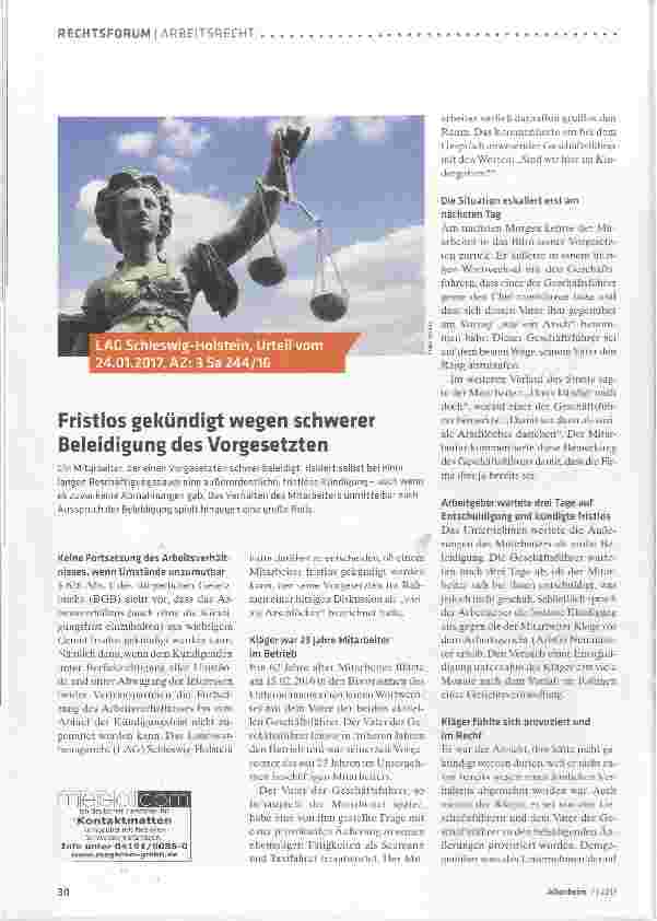 Vorschauseite 1: Fristlos gekündigt wegen schwerer Beleidigung des Vorgesetzten