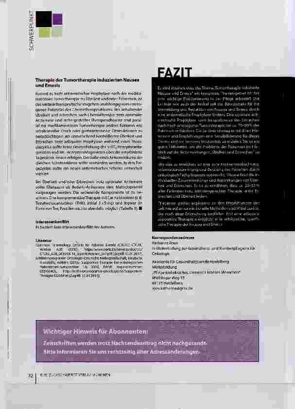 Vorschauseite 5: Tumortherapie induzierte Nausea und Emesis