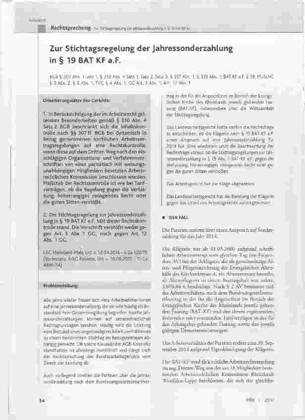 Vorschauseite 1: Zur Stichtagsregelung der Jahressonderzahlung in § 19 BAT KF a. F.