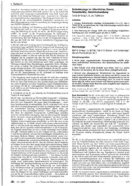 Vorschauseite 1: Schichtzulage im öffentlichen Dienst, Teilzeitkräfte, Gleichbehandlung