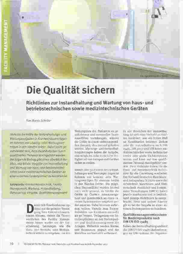 Vorschauseite 1: Die Qualität sichern Richtlinien zur Instandhaltung und Wartungvon hausund betriebstechnischen sowie medizintechnischen Geräten