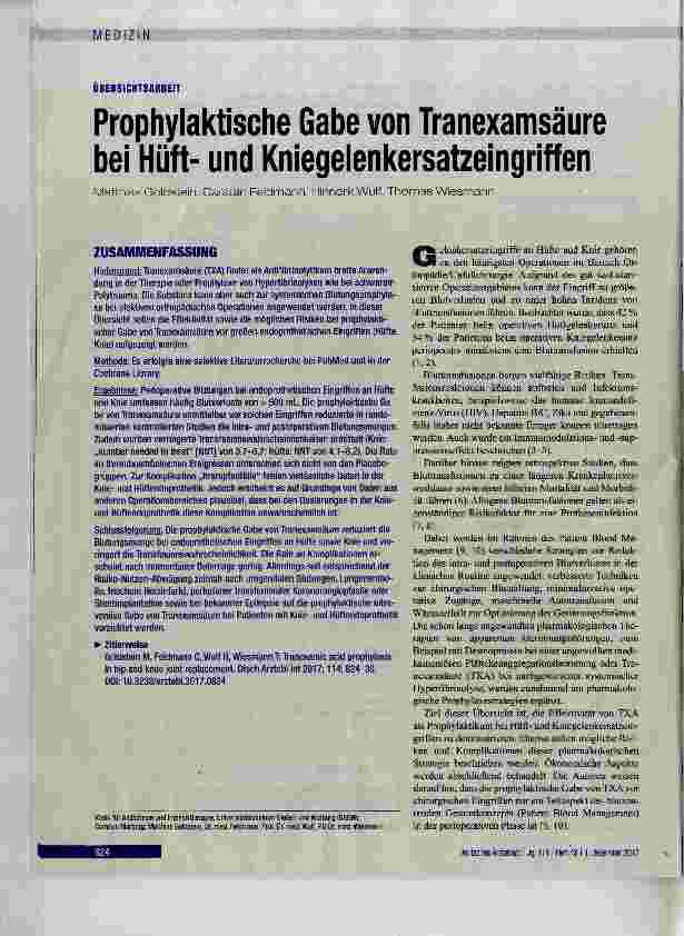 Vorschauseite 1: Prophylaktische Gabe von Tranexamsäure bei Hilftund Kniegelenkersatzeingriffen