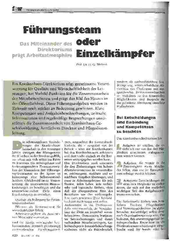 Vorschauseite 1: Führungsteam oder Einzelkämpfer Das Miteinander des Direktoriums prägt Arbeitsatmosphäre