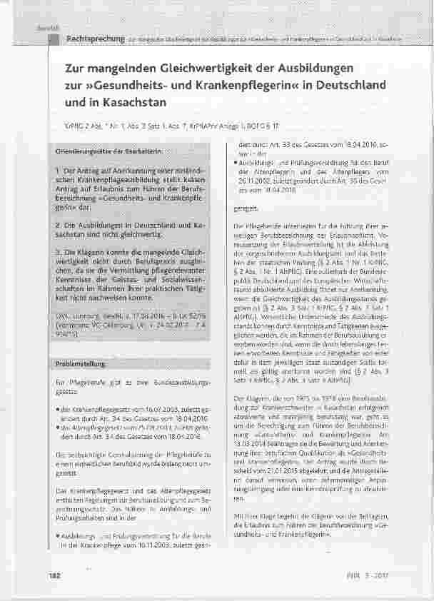 Vorschauseite 1: Zur mangelnden Gleichwertigkeit der Ausbildungen zur »Gesundheitsund Krankenpflegerin« in Deutschland und in Kasachstan