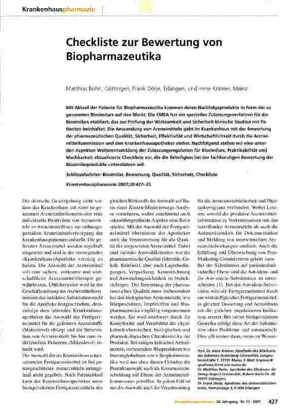 Vorschauseite 1: Checkliste zur Bewertung von Biopharmazeutika